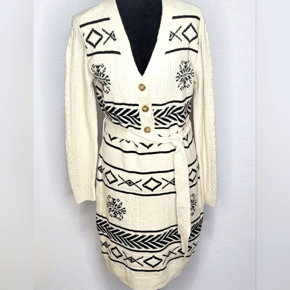 Lucky Brand Cream and Black Sweater Dress w/ Waist Tie Size Medium #576 - Picture 1 of 3